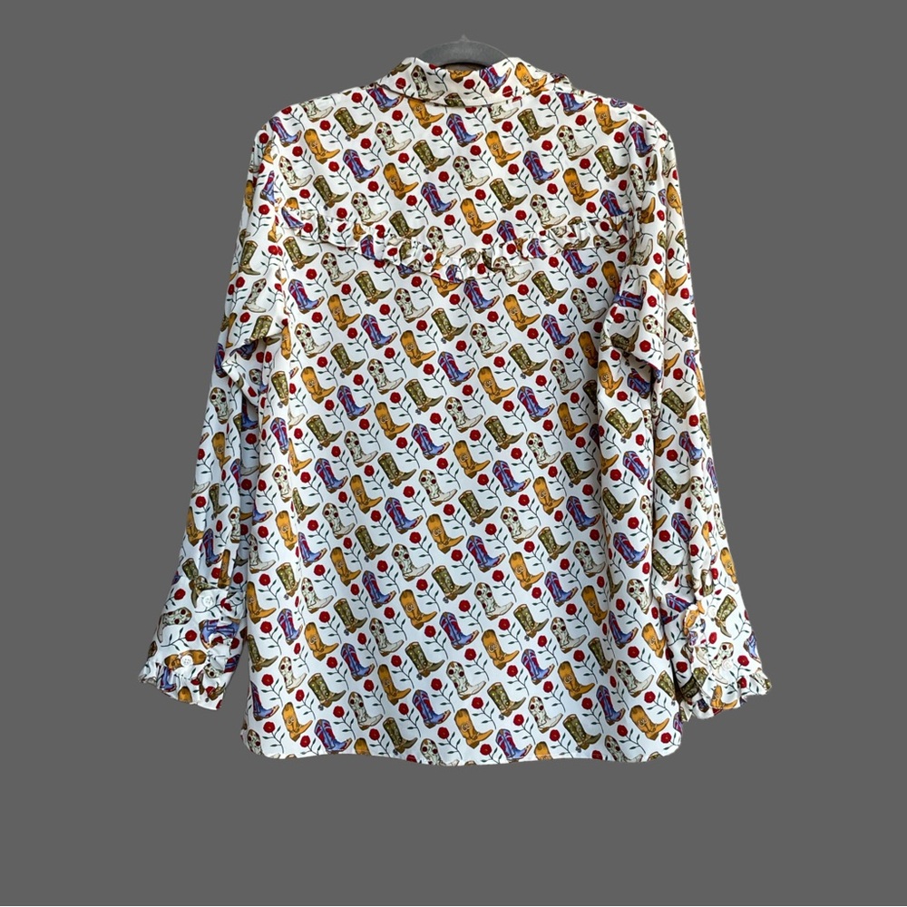 SANDRO Cream Cowboy Boot Printed French Western Ruffle Button Down Shirt Blouse - Picture 9 of 12